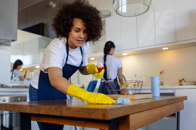 A professional cleaning a kitchen countertop