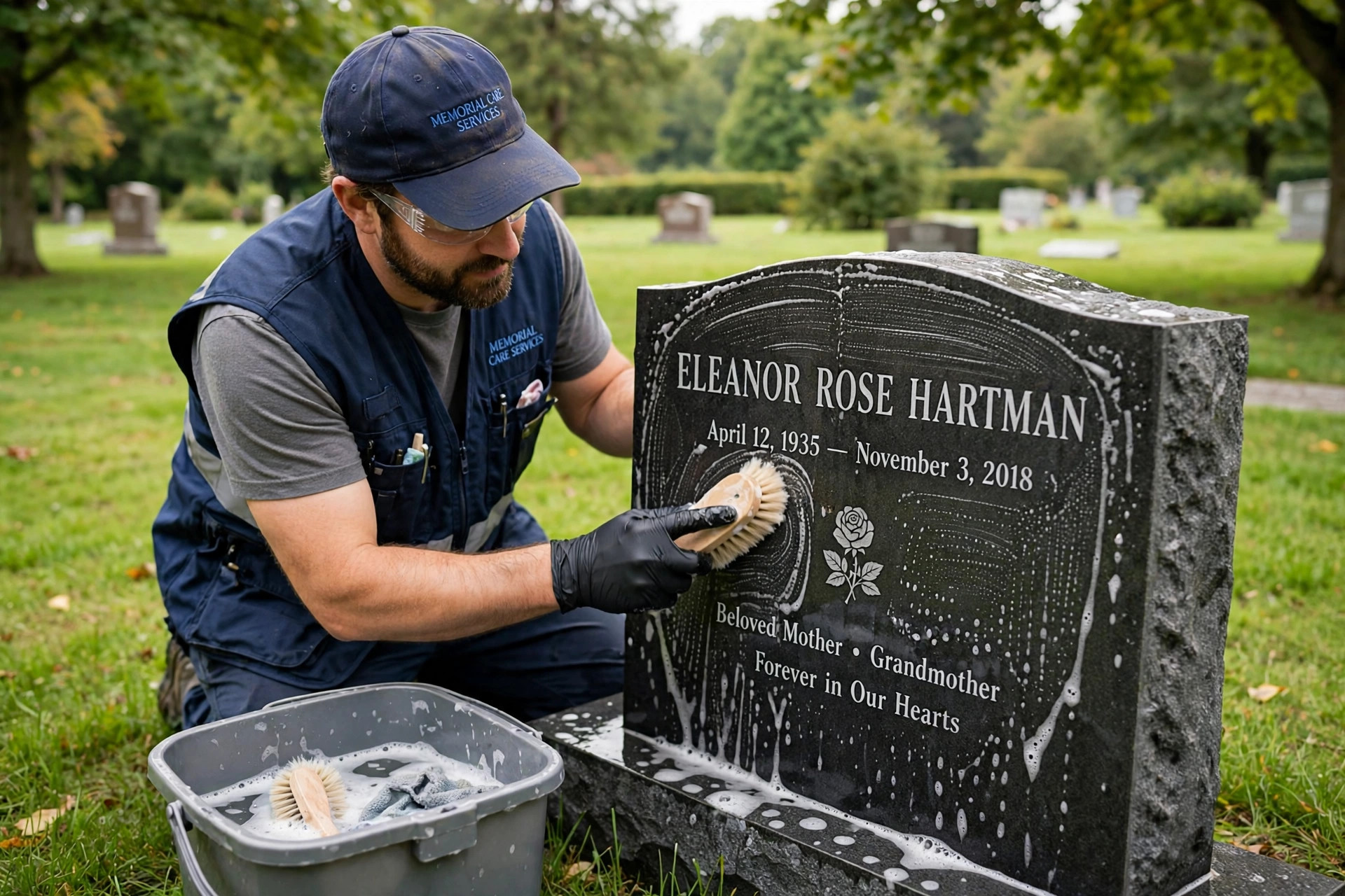 A worker gently cleaning a granite tombstone in a cemetery